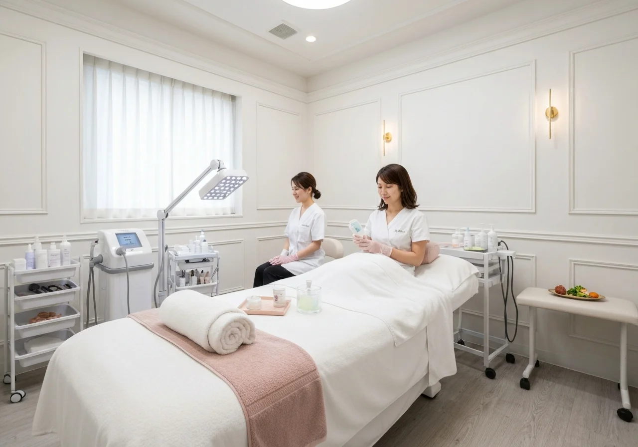 施術器具とベッドまわりが整えられた準備中の施術室