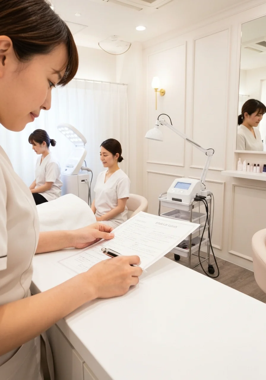 施術前の説明をしているスタッフの手元と表情が見える写真